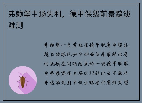 弗赖堡主场失利，德甲保级前景黯淡难测