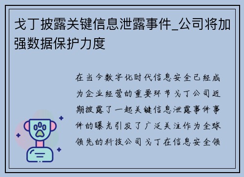 戈丁披露关键信息泄露事件_公司将加强数据保护力度